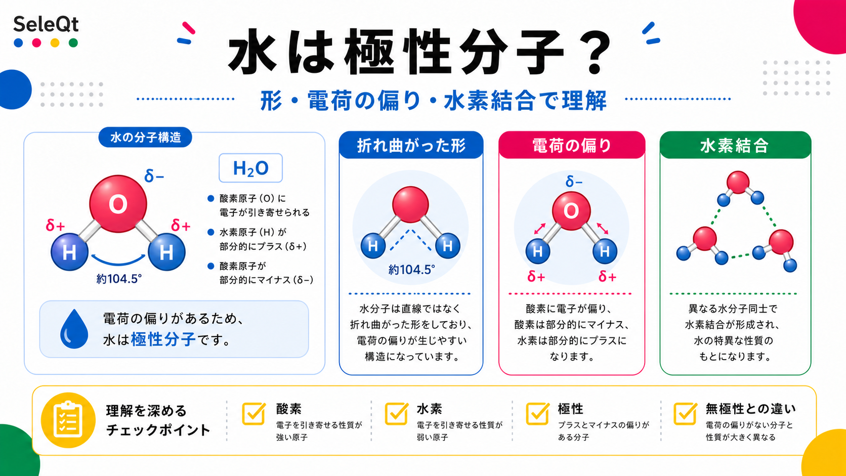 水が極性分子かどうかを形・電荷の偏り・水素結合で整理したSELEQTカラーの解説図