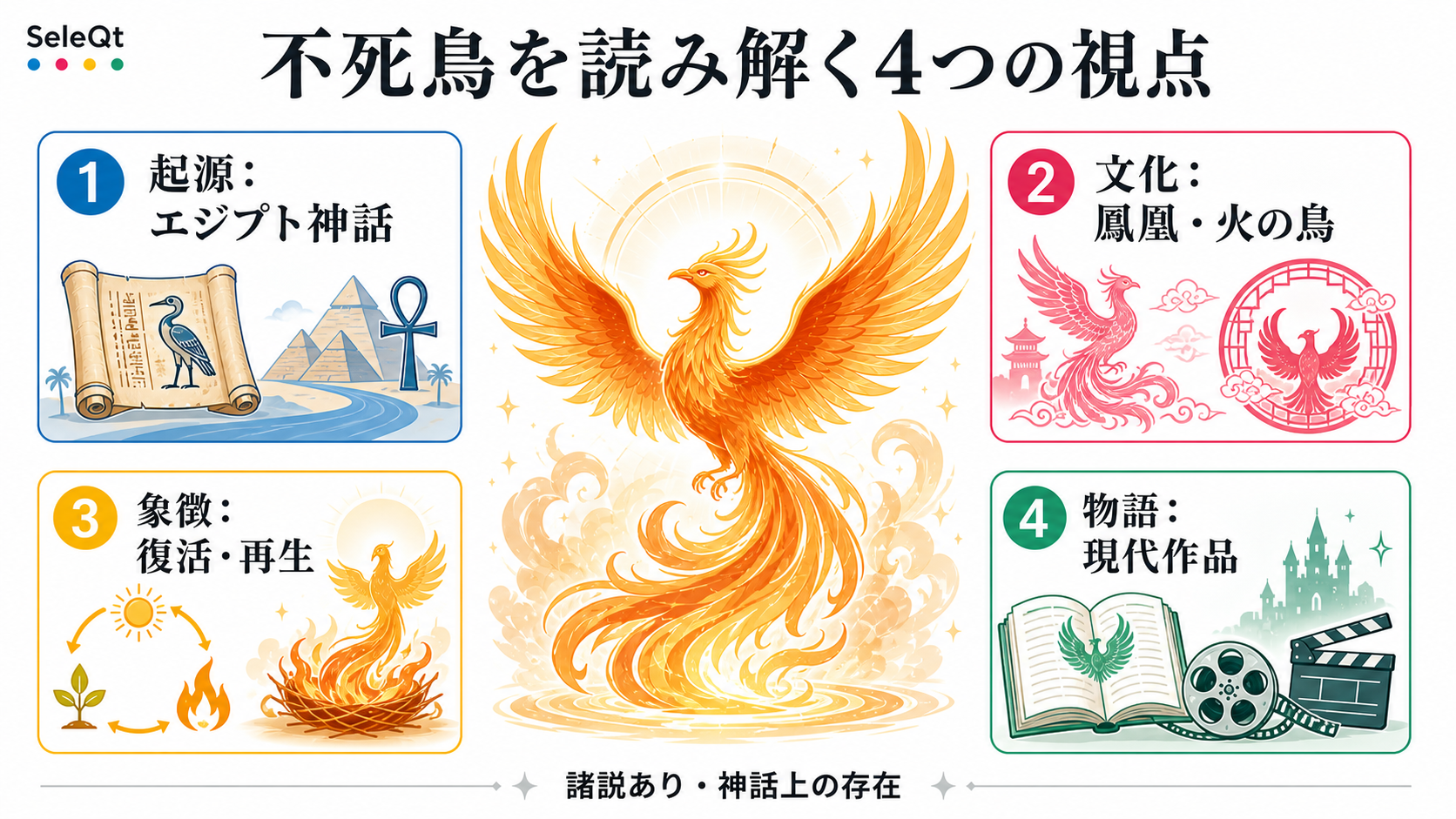 不死鳥の神話・意味・文化差・現代作品を整理したSELEQTカラーの解説図
