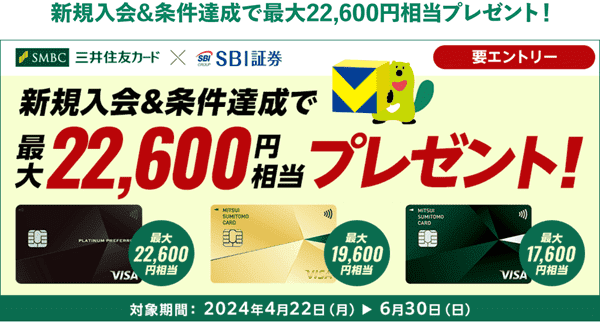 三井住友カード新規入会キャンペーン最大22600円相当プレゼント