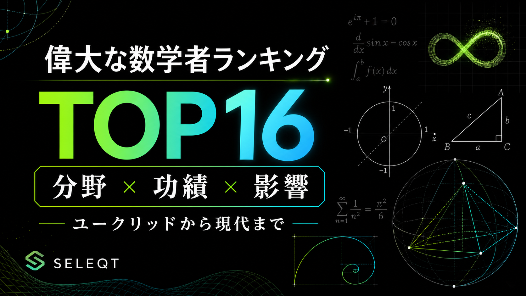 偉大な数学者ランキングTOP16を分野・功績・影響の3軸で整理したSELEQTカラーの解説図
